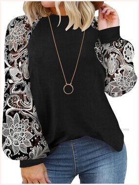 Plus Size Lace Puff Sleeve Tunic Blouse Crewneck Waffle Knit